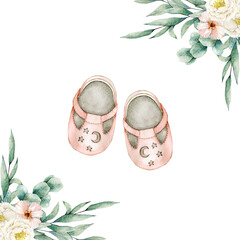 Watercolor illustration card with floral composition and pink baby shoes. Isolated on white background. Hand drawn clipart. Perfect for card, postcard, tags, invitation, printing, wrapping.