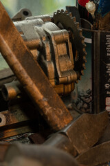 A lot of old rusty instruments in vintage dirty garage