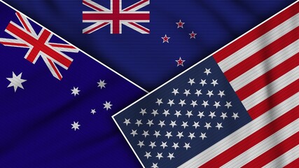 New Zealand United States of America Australia Flags Together Fabric Texture Effect Illustration