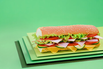 Beautiful juicy grilled baguette sandwich with ham and vegetables on green background. Space for...