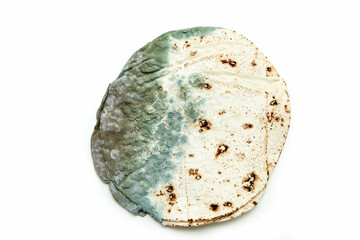 The picture of a mouldy flatbread. Rotten and uneatable. Isolated on white background. 