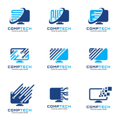 Computer Tech, Computer repair, Computer services, Screen Computer logo designs concept, tech logo template set vector icon illustration design