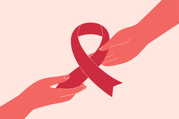 Pink ribbon is passing from hand to hand. Breast cancer awareness concept with human arms holding big pink ribbon. Medical vector illustration. - obrazy, fototapety, plakaty