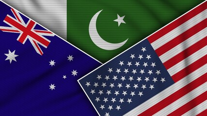 Pakistan United States of America Australia Flags Together Fabric Texture Effect Illustration