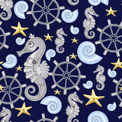 Materiał do szycia Seamless pattern of abstract sea horses, starfish, shell, steering wheel. Fantastic mechanical metal sea creatures on dark background . Steampunk style. Flat cartoon design.