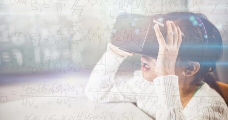 Animation of mathematical equations over schoolgirl wearing vr goggles - Powered by Adobe