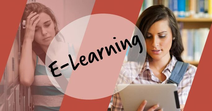 Animation of e-learing text over students in school