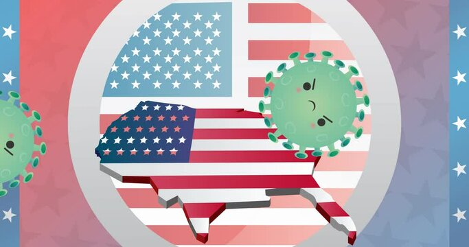 Animation of coronavirus cells over usa map coloured with american flag