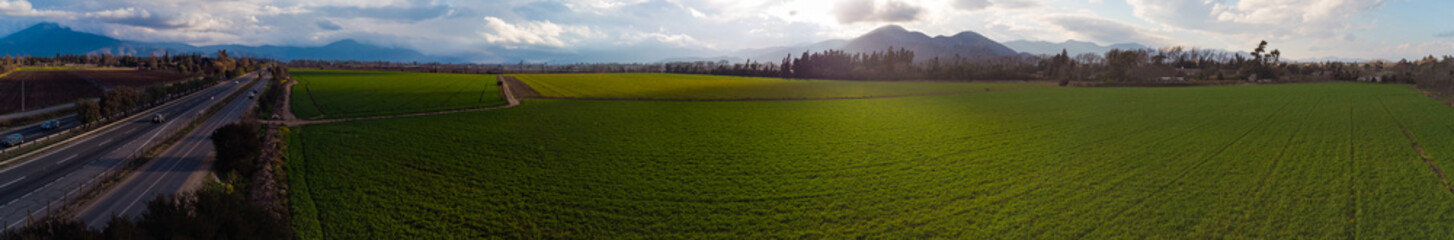 Panoramic view of a green field along a highway