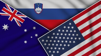 Fototapeta na wymiar Slovenia United States of America Australia Flags Together Fabric Texture Effect Illustration