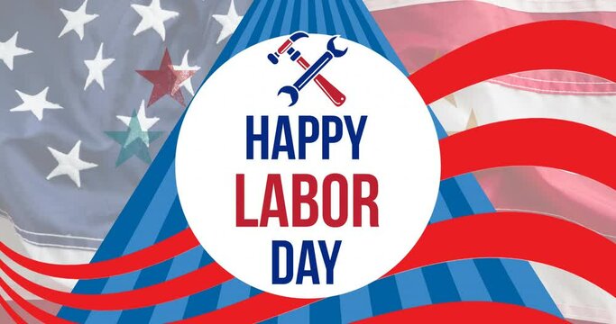 Animation of happy labor day text over american flag stars and stripes