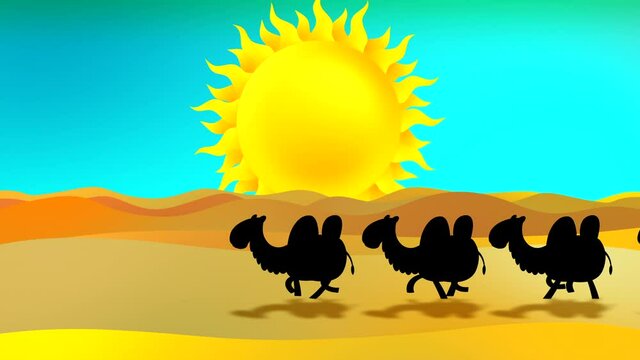 Cartoon camels walking through desert.. Sun, sand. Children looping animation 