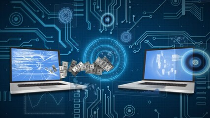 Animation of digital laptops and banknotes on interface - Powered by Adobe