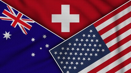 Switzerland United States of America Australia Flags Together Fabric Texture Effect Illustration