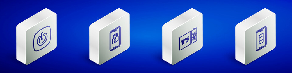 Set Isometric line Smart home, Digital door lock, Multimedia and TV box receiver and Smartphone battery charge icon. Vector