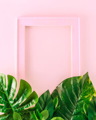 Gentle pink wooden frame with space for text. There are green leaves in the corner. Minimal aesthetics on pink backgrounds.