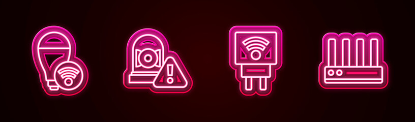 Set line Smart light bulb, Ringing alarm bell, electric plug and Router and wi-fi signal. Glowing neon icon. Vector