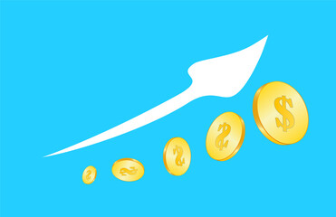 Gold coins and a growth arrow on a blue background. A growing business concept. Financial success. vector
