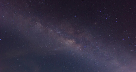 Panorama blue night sky milky way and star on dark background. Universe filled with stars, nebula and galaxy with noise . select white balance and selection focus.