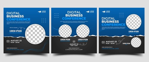 Set of Social media post banners for webinar. Editable square banner with a black and blue background color. Usable for webinar invitations, meeting announcements, online courses, and others