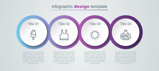 Set line Ice cream, Sleeveless T-shirt, Sun and Signboard with text Hotel. Business infographic template. Vector