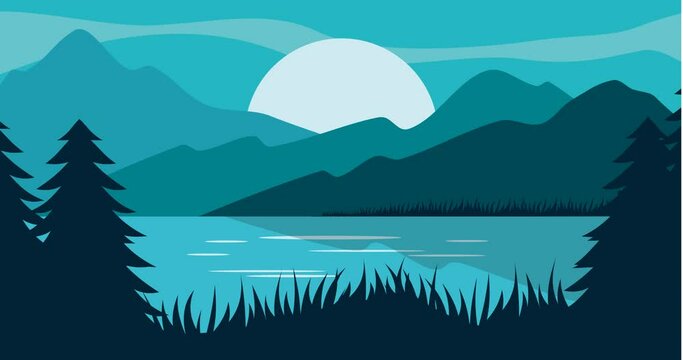 vector blue mountain hill nature leaves grass tree panorama parallax background animation