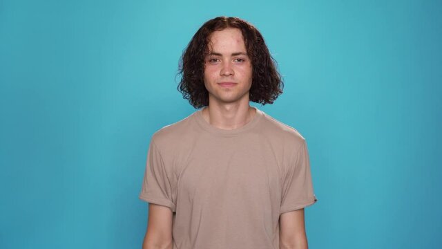 Middle shot portrait of Deaf-mute Man saying Phrase Never Give up on American Sign Language (ASL). Language of the deaf