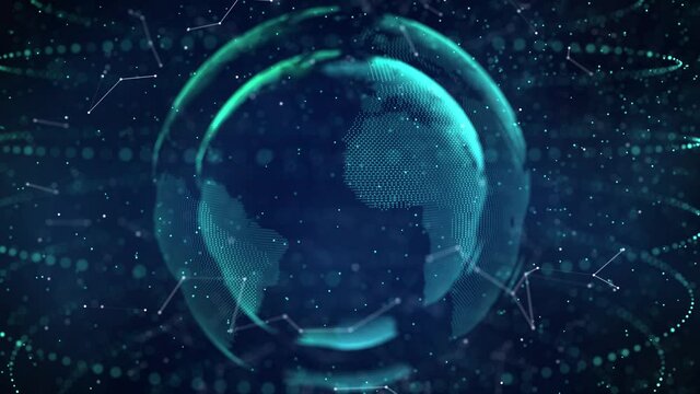 Technology Network Data Connection Digital Network and Cyber Security loop Animation. Earth Global network 5g high-speed connection.
