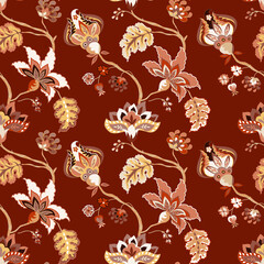 Vintage floral luxury seamless pattern, background. Whimsical flowers Jacobean, elegant style on red background - 447730949