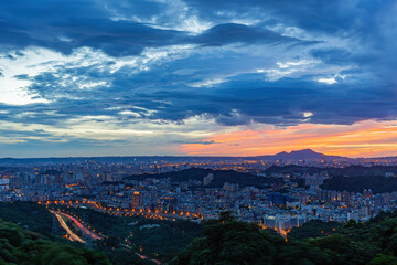 Sunset high angle view of the cityscape form Wenshan District