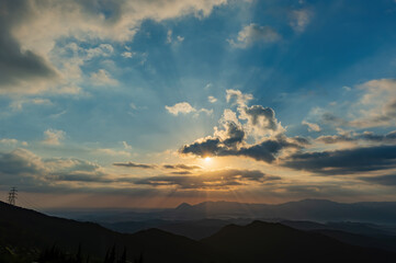 Morning sunny high angle view of the mountains around Wuzhi Shan