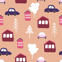 Fototapeta premium Children's composition with hand-drawn cars and houses, trees in the Scandinavian style, cartoon and bright print on the car theme, stylish and simple illustration, vector print for printing