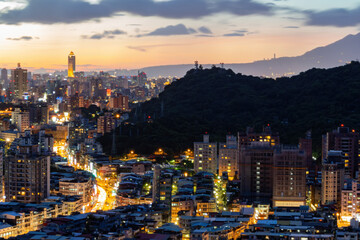 Fototapeta premium Sunset high angle view of the Jingmei area
