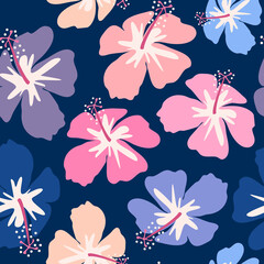 cute hand drawn abstract seamless vector pattern illustration with colorful hibiscus flowers on blue background