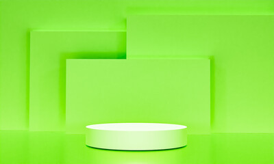 Naklejka na ściany i meble Scene with green color podium for mock up presentation in minimalism style with copy space, 3d render abstract background