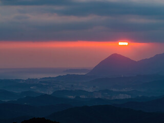 Morning sunny high angle view of the mountains around Wuzhi Shan