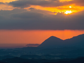 Morning sunny high angle view of the mountains around Wuzhi Shan