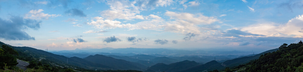 Morning sunny high angle view of the mountains around Wuzhi Shan