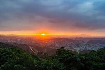 Sunset high angle view of the cityscape form Wenshan District