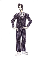 Man in the black velvet suit with white sneakers isolated on the white background. Watercolor illustration.