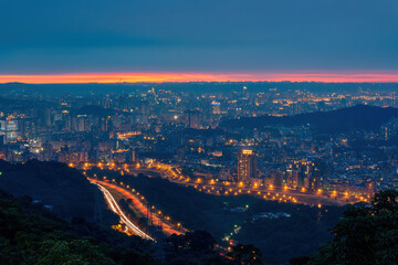 Fototapeta premium Sunset high angle view of the cityscape form Wenshan District