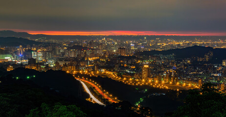 Fototapeta na wymiar Sunset high angle view of the cityscape form Wenshan District