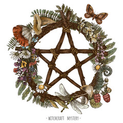 Vintage green witch floral wreath. Pentagram dream catcher witchcraft illudtration. Woodland treasures, mushrooms, ferns, amanita - obrazy, fototapety, plakaty