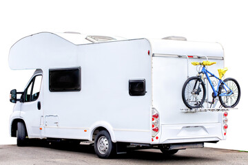 A caravan van with a bicycle on at the back on white  background, isolated. - obrazy, fototapety, plakaty