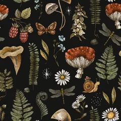 Fototapeten Vintage woodland nature seamless pattern. Amanita mushroom, fern, forest plants witchcraft wallpaper © Belus