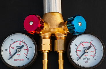 New cutter and two monometers for acetylene and oxygen, for gas cutting of metal. New torch for gas...