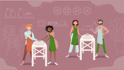 Four characters attending pottery workshop together. Perfect for flat cartoon video, web design, advertisment.