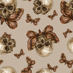 Mystic skull vintage seamless pattern, moth death texture. Witchcraft hand drawn wallpaper
