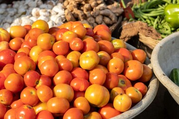 Red Ripe Tomato in a Basket with Selective Focus in an Indian Vegetable Market for Selling