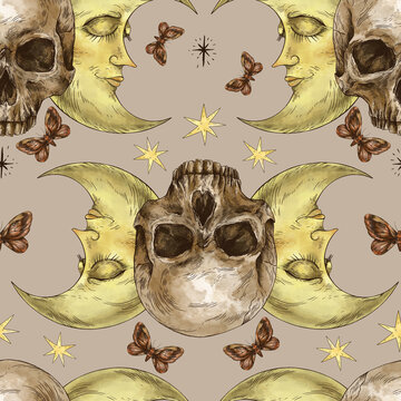 Mystic Skull Vintage Seamless Pattern With Moon Face, Moth Death Texture.